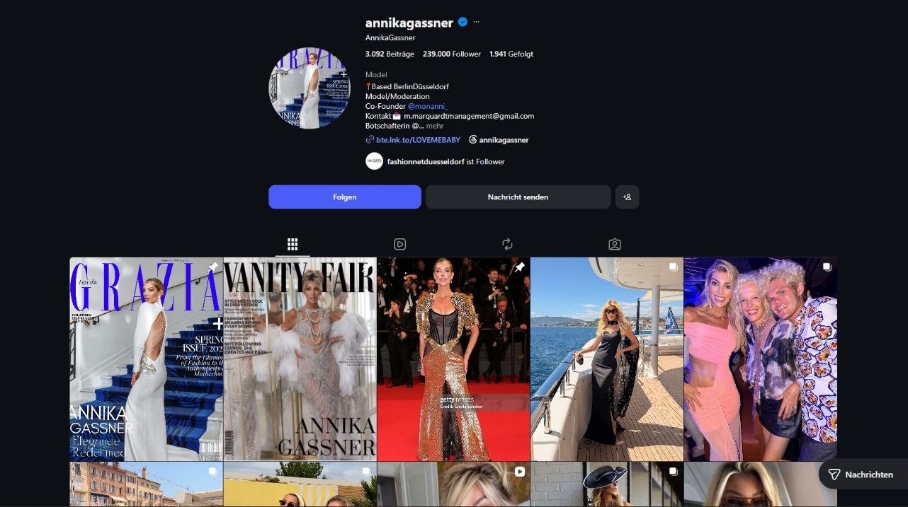 Instagram-Profil von Annika Gassner mit angeblichen Cover-Posts